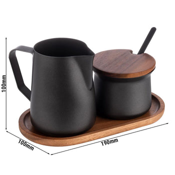 (6 sztuk) Zestaw do mleka i cukru – stal szlachetna – wraz z podstawką z drewna akacjowego - Prime Gastro