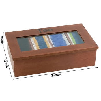 Pudełko na herbatę - drewno - 4 przegródki - z okienkiem i grawerunkiem - ciemnobrązowe - Prime Gastro