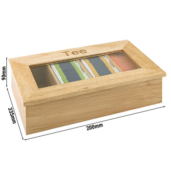 Pudełko na herbatę - drewno - 4 przegródki - z okienkiem i grawerem - brązowe - Prime Gastro