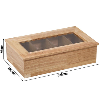 Pudełko na herbatę - drewno - 4 przegródki - z okienkiem - bez grawerunku - brązowe - Prime Gastro