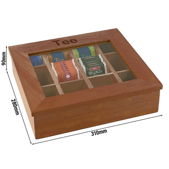 Pudełko na herbatę - drewno - 12 przegródek - z okienkiem i grawerunkiem - ciemny brąz - Prime Gastro