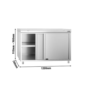 Szafka robocza ze stali nierdzewnej PREMIUM - 1200 x 700 mm - z drzwiami przesuwnymi - wraz z deską do krojenia w kolorze białym - Prime Gastro