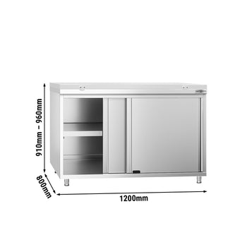 Szafka robocza ze stali nierdzewnej PREMIUM - 1200 x 800 mm - z drzwiami przesuwnymi - w zestawie deska do krojenia w kolorze białym - Prime Gastro