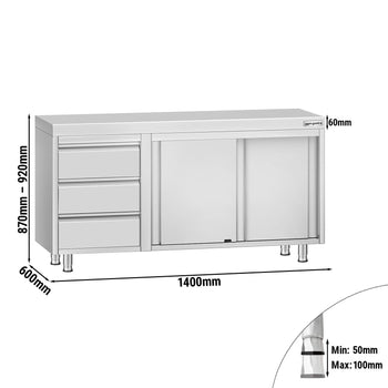 Szafka robocza ze stali nierdzewnej ECO – 1400 x 600 mm – z 3 szufladami po lewej stronie - Prime Gastro