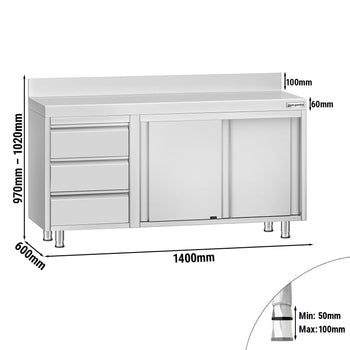 Szafka robocza ze stali nierdzewnej ECO - 1400x600 mm - z 3 szufladami po lewej stronie i panelem tylnym - Prime Gastro