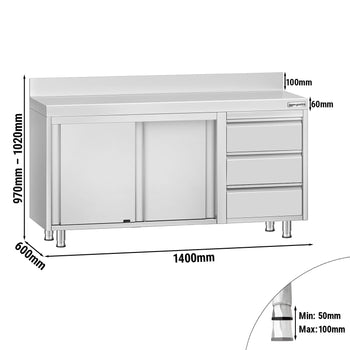 Szafka robocza ze stali nierdzewnej ECO - 1400x600 mm - z 3 szufladami po prawej stronie i panelem tylnym - Prime Gastro