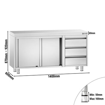 Szafka robocza ze stali nierdzewnej PREMIUM – 1400 x 600 mm – z 3 szufladami po prawej stronie - Prime Gastro