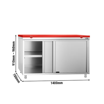 Szafka robocza ze stali nierdzewnej PREMIUM – 1400 x 700 mm – z drzwiami przesuwnymi – wraz z deską do krojenia w kolorze czerwonym - Prime Gastro