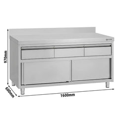 Szafka robocza ze stali nierdzewnej ECO – 1600 x 600 mm – z obrzeżem – z 3 szufladami i drzwiami przesuwnymi