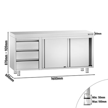 Szafka robocza ze stali nierdzewnej PREMIUM – 1600 x 600 mm – z 3 szufladami po lewej stronie - Prime Gastro