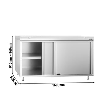 Szafka robocza ze stali nierdzewnej PREMIUM - 1600 x 600 mm - z drzwiami przesuwnymi - wraz z deską do krojenia w kolorze białym - Prime Gastro