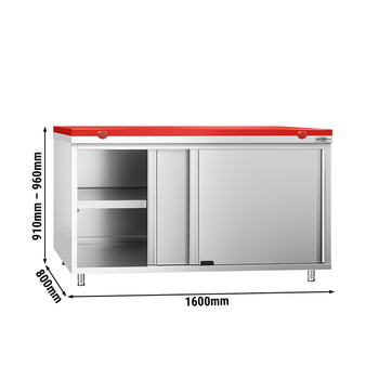 Szafka robocza ze stali nierdzewnej PREMIUM - 1600 x 800 mm - z drzwiami przesuwnymi - wraz z deską do krojenia w kolorze czerwonym - Prime Gastro