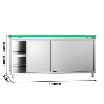 Szafka robocza ze stali nierdzewnej PREMIUM - 1800 x 600 mm - z drzwiami przesuwnymi - wraz z deską do krojenia w kolorze zielonym - Prime Gastro
