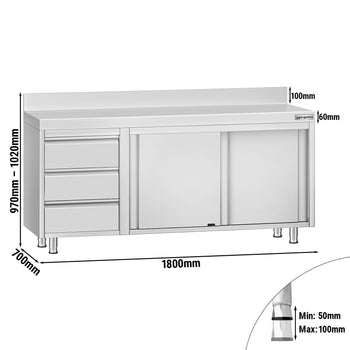 Szafka gastronomiczna robocza ze stali nierdzewnej ECO - 1800x700 mm - z 3 szufladami po lewej stronie i panelem tylnym - Prime Gastro