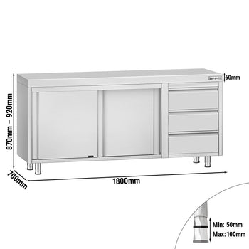 Szafka robocza ze stali nierdzewnej ECO - 1800 x 700 mm - z 3 szufladami po prawej stronie - Prime Gastro