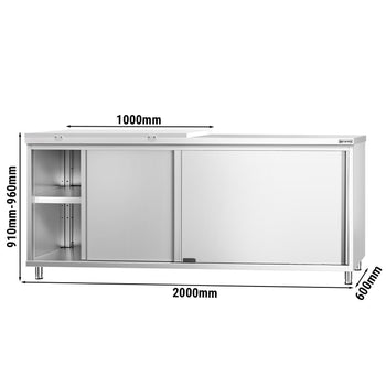 Szafka robocza ze stali nierdzewnej PREMIUM - 2000 x 600 mm - z drzwiami przesuwnymi - w zestawie deska do krojenia w kolorze białym