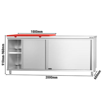 Szafka robocza ze stali nierdzewnej PREMIUM - 2000 x 600 mm - z drzwiami przesuwnymi - wraz z deską do krojenia w kolorze czerwonym