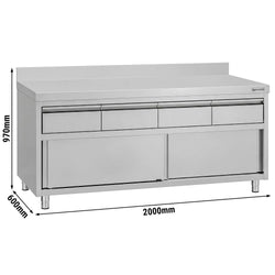 Szafka robocza ze stali nierdzewnej ECO – 2000 x 600 mm – z obrzeżem – z 4 szufladami i drzwiami przesuwnymi