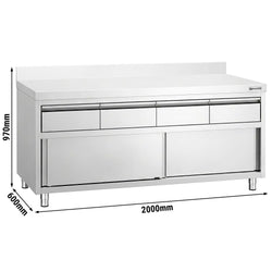 Szafka robocza ze stali nierdzewnej PREMIUM – 2000 x 600 mm – z obrzeżem – z 4 szufladami i drzwiami przesuwnymi