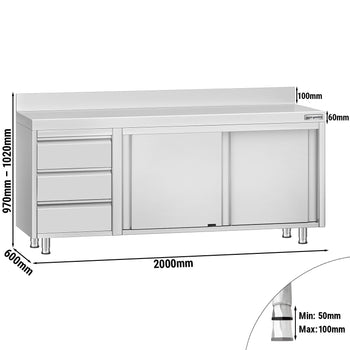 Szafka robocza ze stali nierdzewnej ECO - 2000x600 mm - z 3 szufladami po lewej stronie i panelem tylnym - Prime Gastro