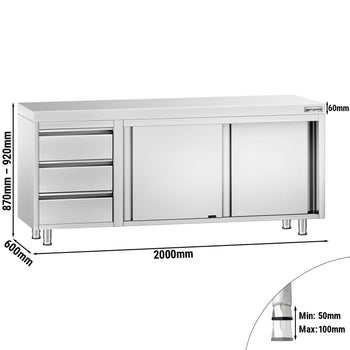 Szafka robocza ze stali nierdzewnej PREMIUM – 2000 x 600 mm – z 3 szufladami po lewej stronie - Prime Gastro