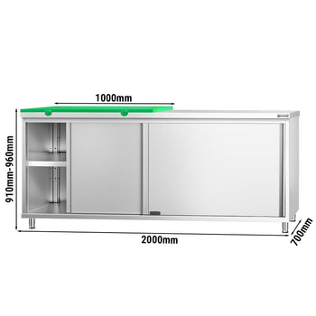 Szafka robocza ze stali nierdzewnej PREMIUM - 2000 x 700 mm - z drzwiami przesuwnymi - wraz z deską do krojenia w kolorze zielonym
