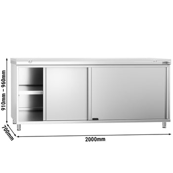 Szafka robocza ze stali nierdzewnej PREMIUM - 2000 x 700 mm - z drzwiami przesuwnymi - wraz z deską do krojenia w kolorze białym - Prime Gastro