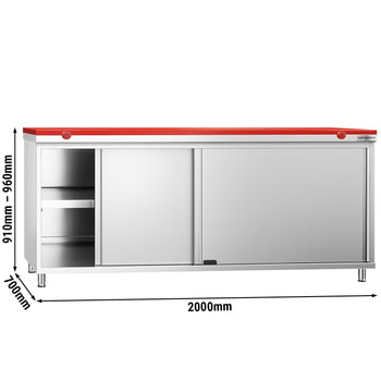 Szafka robocza ze stali nierdzewnej PREMIUM – 2000 x 700 mm – z drzwiami przesuwnymi – wraz z deską do krojenia w kolorze czerwonym - Prime Gastro