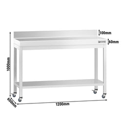 Stół roboczy ze stali nierdzewnej PREMIUM – 1200 x 600 mm – z półką dolną, nadstawką i kółkami