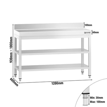 Stół roboczy ze stali nierdzewnej PREMIUM - 1200x600 mm - z półką dolną, panelem tylnym i półką pośrednią - Prime Gastro