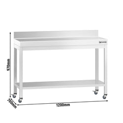 Stół roboczy ze stali nierdzewnej PREMIUM – 1200 x 700 mm – z półką dolną, nadstawką i kółkami
