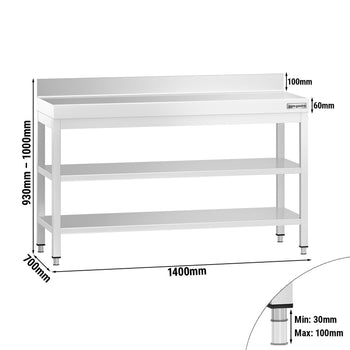 Stół roboczy ze stali nierdzewnej PREMIUM - 1400x700 mm - z półką dolną, panelem tylnym i półką pośrednią - Prime Gastro
