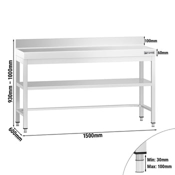 Stół roboczy ze stali nierdzewnej PREMIUM - 1500 x 600 mm - z dolną półką, panelem tylnym i rozpórką - Prime Gastro