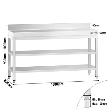 Stół roboczy ze stali nierdzewnej PREMIUM - 1600x600 mm - z półką dolną, panelem tylnym i półką pośrednią - Prime Gastro