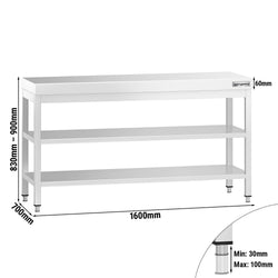 Stół roboczy ze stali nierdzewnej PREMIUM - 1600x700 mm - z półką dolną i półką pośrednią