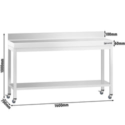 Stół roboczy ze stali nierdzewnej PREMIUM – 1600 x 700 mm – z półką dolną, nadstawką i kółkami