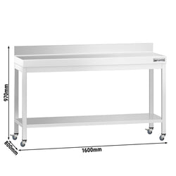Stół roboczy ze stali nierdzewnej PREMIUM – 1600 x 800 mm – z półką dolną, nadstawką i kółkami