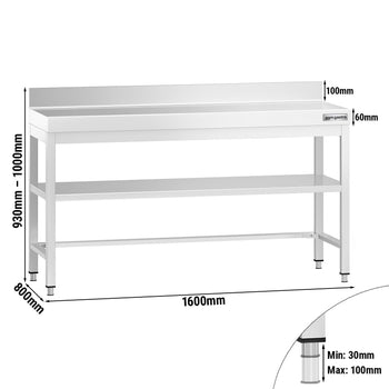 Stół roboczy ze stali nierdzewnej PREMIUM - 1600x800 mm - z dolną półką, panelem tylnym i rozpórką - Prime Gastro