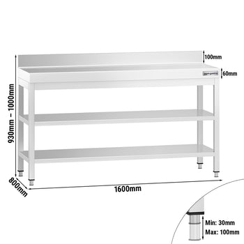 Stół roboczy ze stali nierdzewnej PREMIUM - 1600x800 mm - z półką dolną, panelem tylnym i półką pośrednią - Prime Gastro