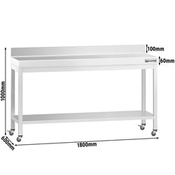 Stół roboczy ze stali nierdzewnej PREMIUM – 1800 x 600 mm – z półką dolną, nadstawką i kółkami