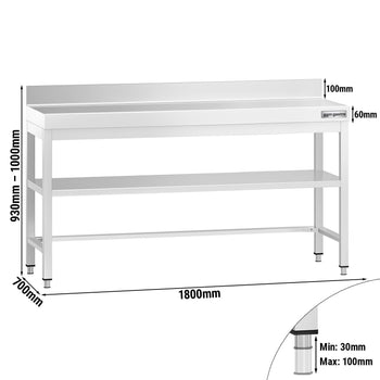 Stół roboczy ze stali nierdzewnej PREMIUM - 1800x700 mm - z dolną półką, panelem tylnym & rozpórką - Prime Gastro