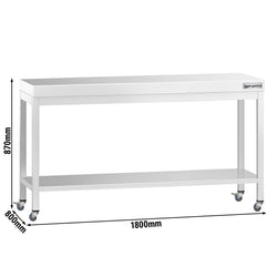 Stół roboczy ze stali nierdzewnej PREMIUM – 1800 x 800 mm – z półką dolną i kółkami