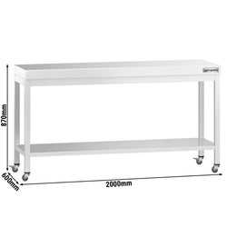 Stół roboczy ze stali nierdzewnej PREMIUM – 2000 x 600 mm – z półką dolną i kółkami