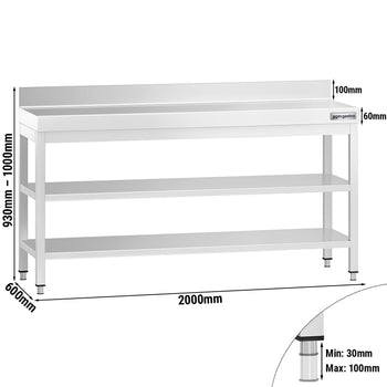Stół roboczy ze stali nierdzewnej PREMIUM - 2000x600 mm - z półką dolną, panelem tylnym i półką pośrednią - Prime Gastro