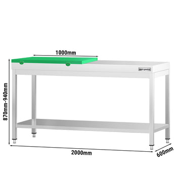 Stół roboczy ze stali nierdzewnej PREMIUM – 2000 x 600 mm – z podstawą – wraz z deską do krojenia w kolorze zielonym