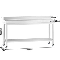 Stół roboczy ze stali nierdzewnej PREMIUM – 2000 x 700 mm – z półką dolną, nadstawką i kółkami