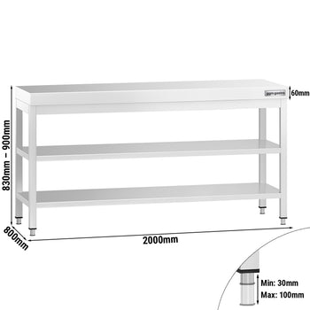 Stół roboczy ze stali nierdzewnej PREMIUM - 2000x800 mm - z półką dolną, panelem tylnym i półką pośrednią - Prime Gastro
