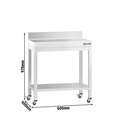 Stół roboczy ze stali nierdzewnej PREMIUM – 600 x 600 mm – z półką dolną, nadstawką i kółkami