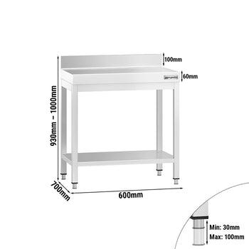 Stół roboczy ze stali nierdzewnej PREMIUM - 600x700mm - z półką dolną i panelem tylnym - Prime Gastro