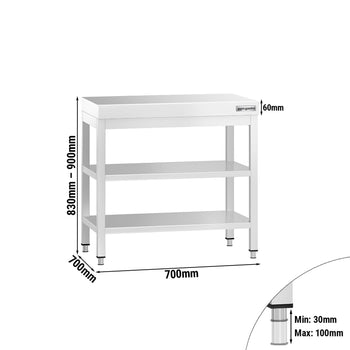 Stół roboczy ze stali nierdzewnej PREMIUM - 700x700 mm - z półką dolną i półką pośrednią - Prime Gastro